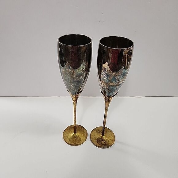 Unbranded Other - Set of 2 Brass? Vtg Leaf Champagne Flutes 10"t x 2" Opening